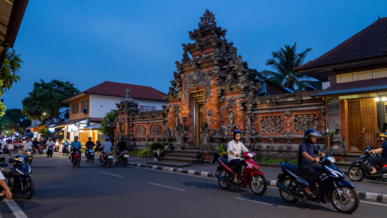 Yogyakarta Indonesia Evening Street Scene with Motorcycles and Traditional Architecture in in Yogyakarta, Indonesia