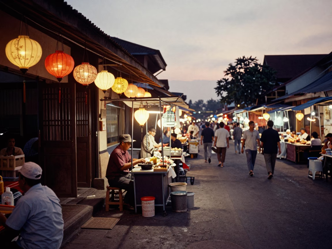 Yogyakarta Indonesia Evening Street Scene with Night Market Lanterns and Local Life in in Yogyakarta, Indonesia
