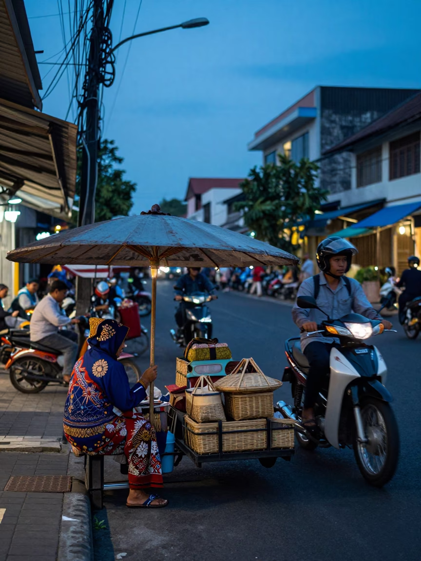 Yogyakarta Indonesia Evening Street Scene with Traditional Batik Vendor and Local Traffic in in Yogyakarta, Indonesia