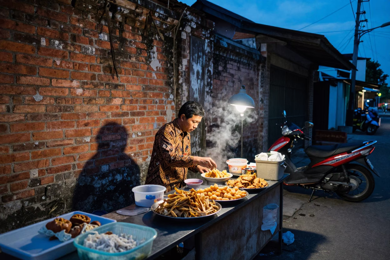 Yogyakarta Indonesia Evening Street Scene with Traditional Food and Local Life in in Yogyakarta, Indonesia