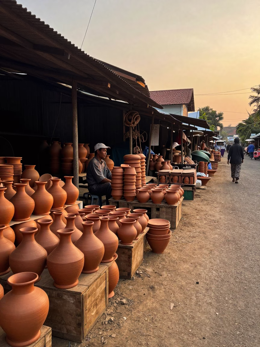 Yogyakarta Indonesia Evening Street Scene with Traditional Pottery Market and Local Wares in in Yogyakarta, Indonesia