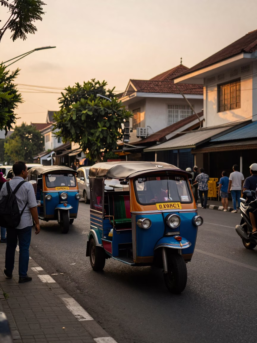 Yogyakarta Indonesia Evening Street Scene with Tuk Tuk and Local Market Activity in in Yogyakarta, Indonesia