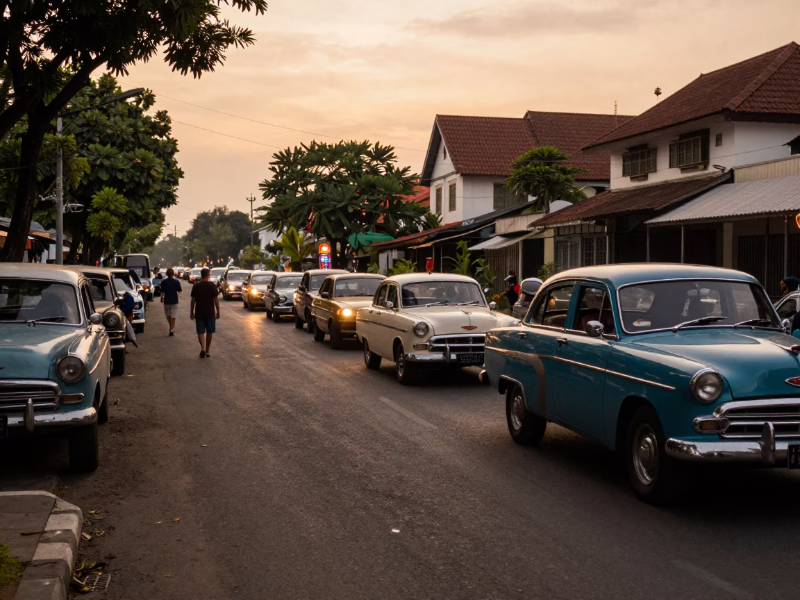 Yogyakarta Indonesia Evening Street Scene with Vintage Car Rally and Toolbox in in Yogyakarta, Indonesia