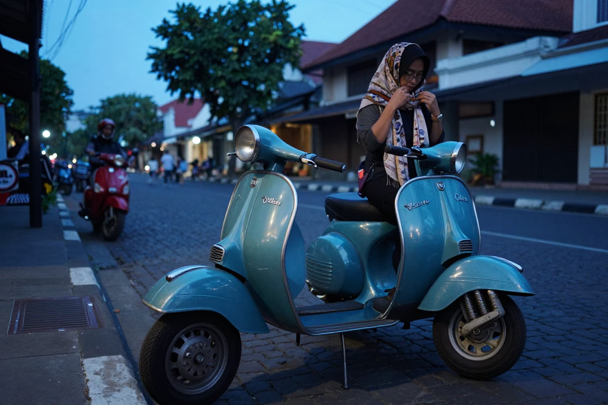 Yogyakarta Indonesia Evening Street Scene with Vintage Vespa and Scarf in in Yogyakarta, Indonesia