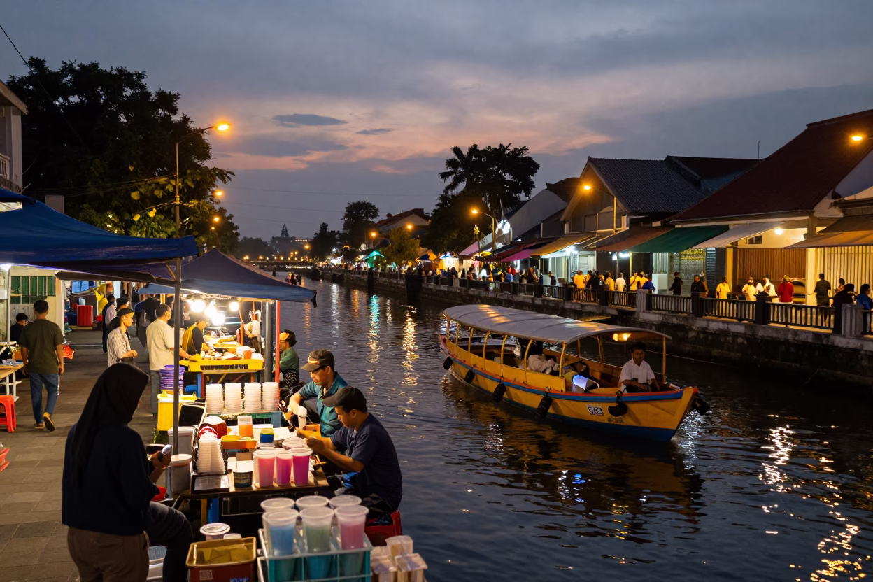 Yogyakarta Indonesia Evening Street Scene with Water Taxi Dock and Local Commerce in in Yogyakarta, Indonesia