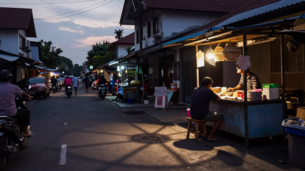 Yogyakarta Indonesia Evening Street Scene with Wicker Shadow and Local Life in in Yogyakarta, Indonesia
