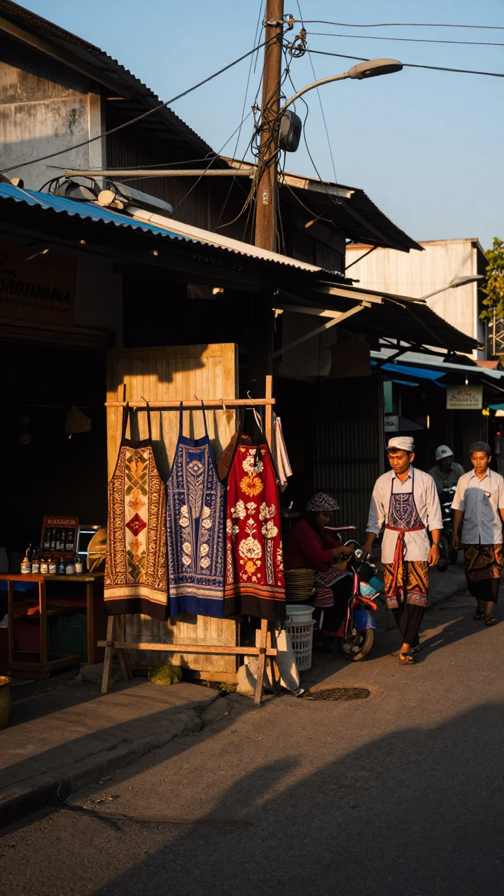 Yogyakarta Indonesia Golden Hour Street Scene with Traditional Batik Aprons and Local Artisans in in Yogyakarta, Indonesia