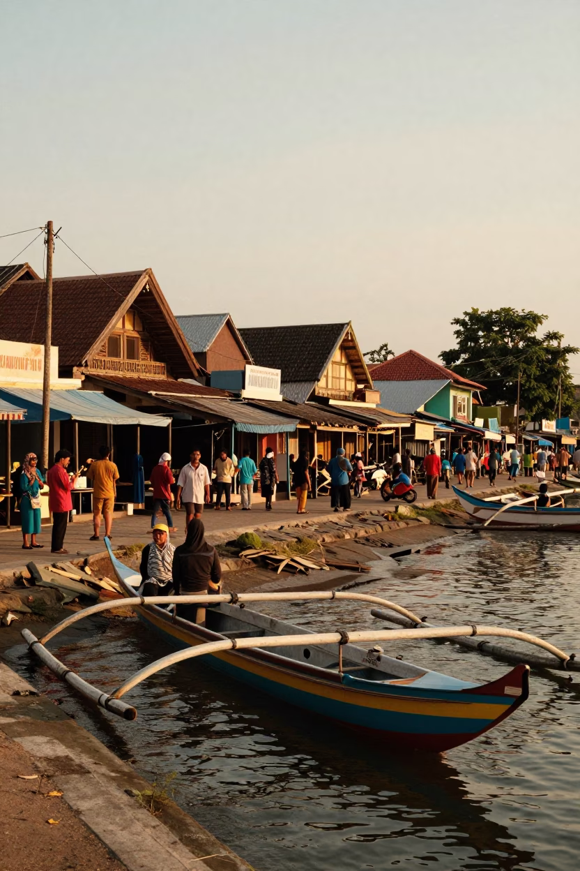 Yogyakarta Indonesia Golden Hour Street Scene with Traditional Fishing Prau and Local Life in in Yogyakarta, Indonesia