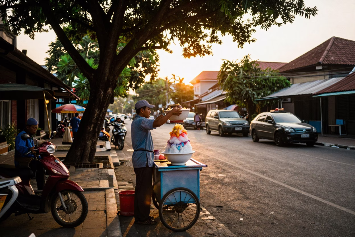 Yogyakarta Indonesia Golden Hour Street Scene with Traditional Shaved Ice Dessert Vendor in in Yogyakarta, Indonesia