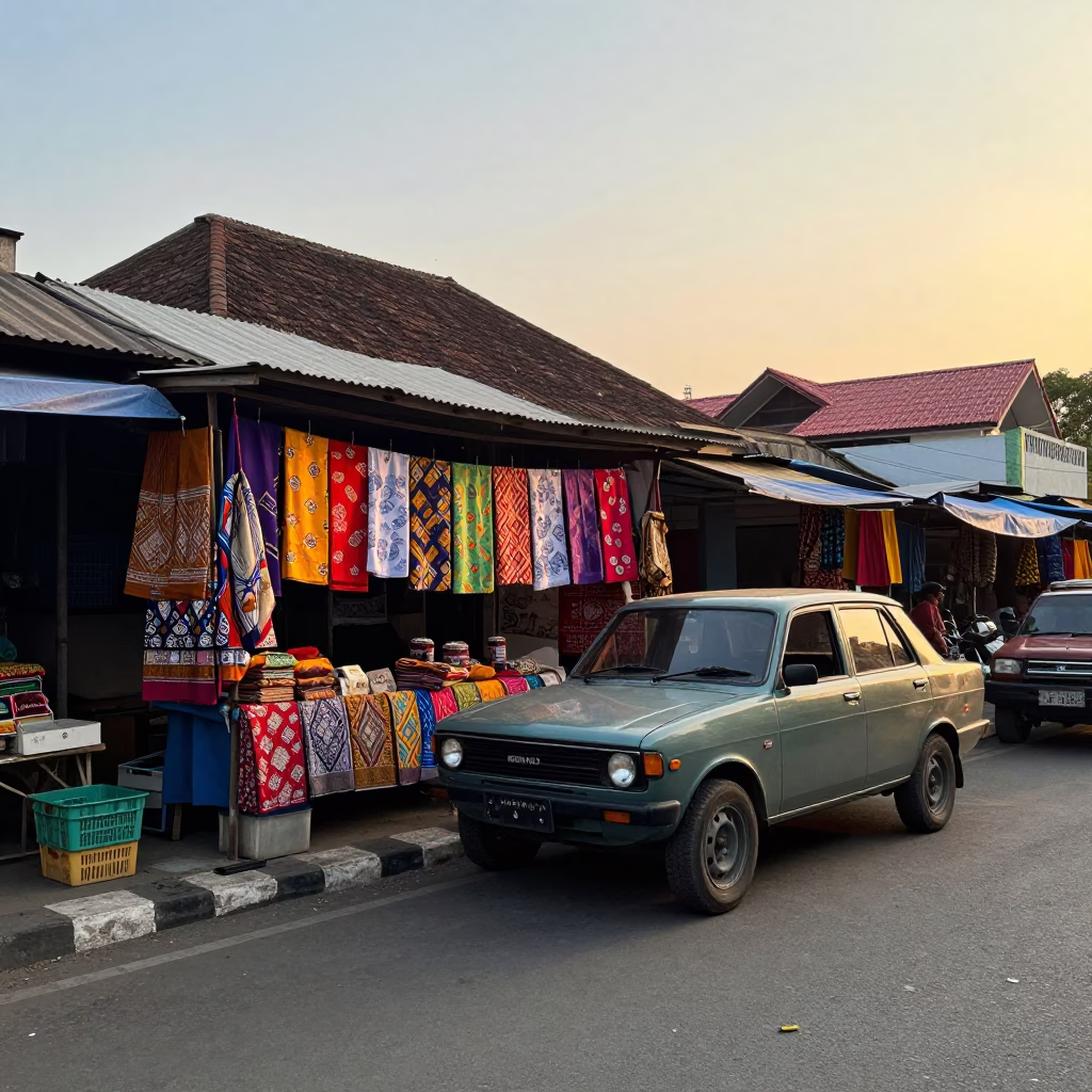 Yogyakarta Indonesia Golden Hour Street Scene with Vintage Car and Local Market Activity in in Yogyakarta, Indonesia
