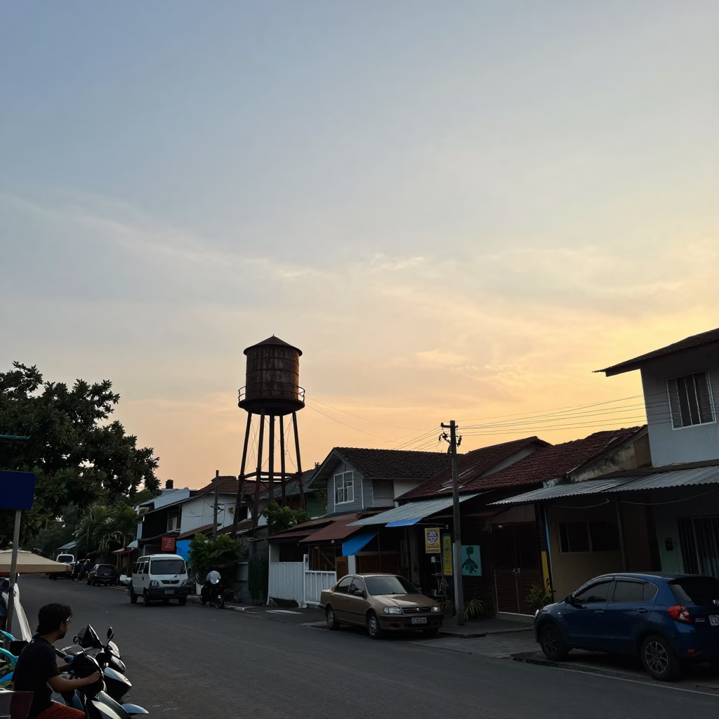 Yogyakarta Indonesia Golden Hour Street Scene with Water Tower and Local Life in in Yogyakarta, Indonesia