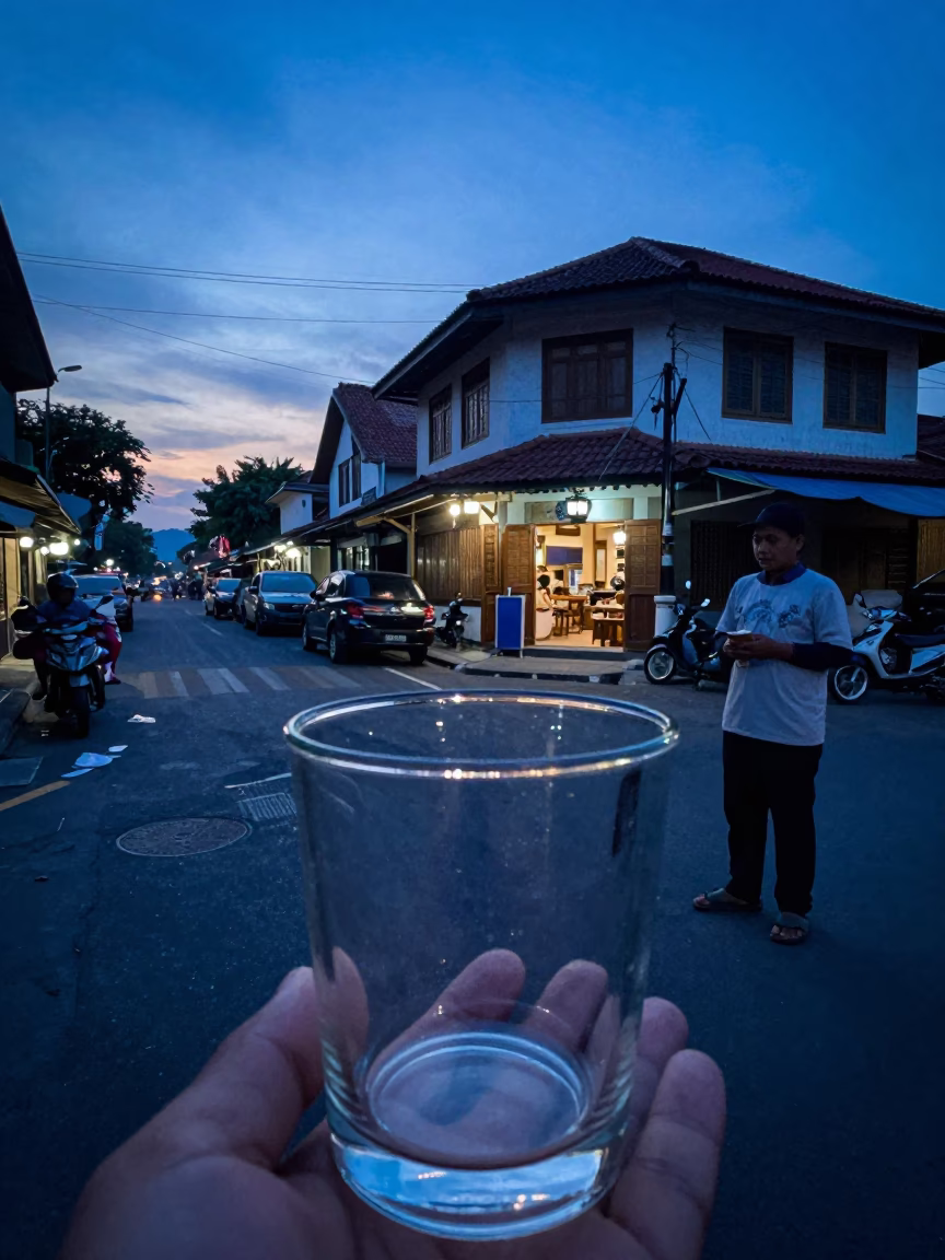 Yogyakarta Indonesia Indigo Twilight Street Scene with Glass Cup Rim and Potted Succulents in in Yogyakarta, Indonesia