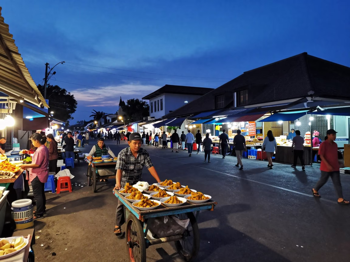 Yogyakarta Indonesia Indigo Twilight Street Scene with Local Market Activity in in Yogyakarta, Indonesia