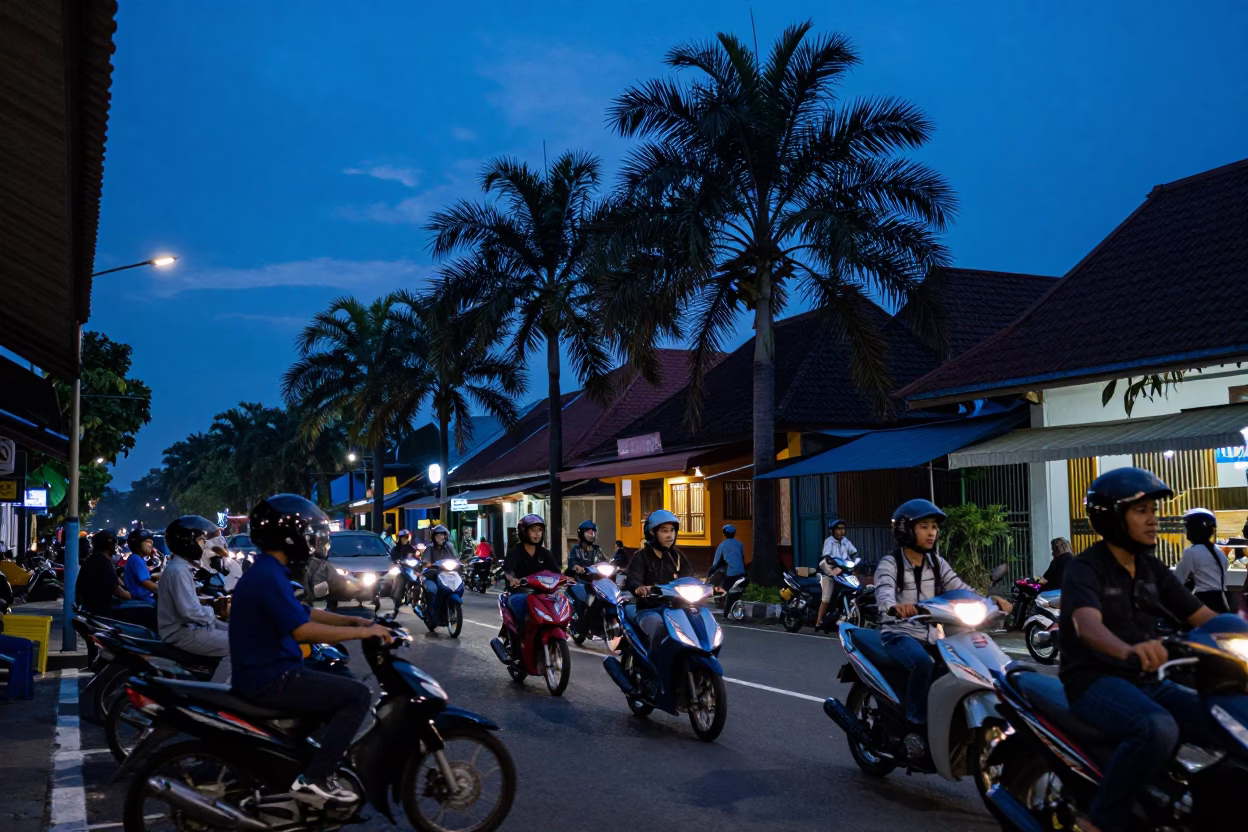 Yogyakarta Indonesia Indigo Twilight Street Scene with Motorbikes and Traditional Architecture in in Yogyakarta, Indonesia