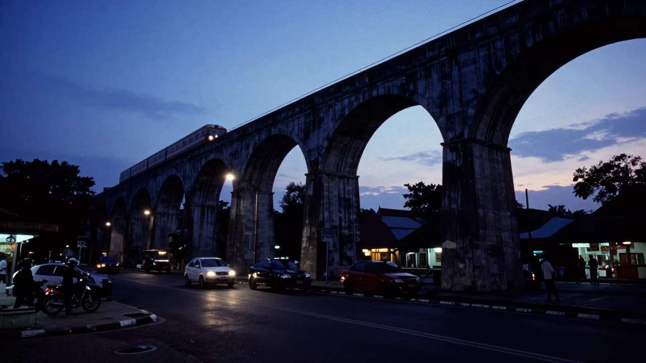 Yogyakarta Indonesia indigo twilight street scene with railway viaduct arches and passing train in in Yogyakarta, Indonesia