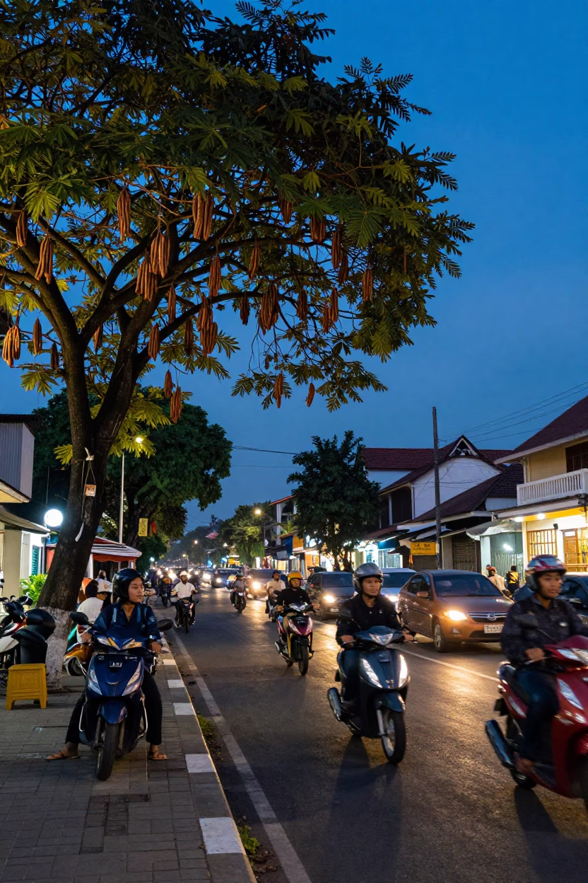 Yogyakarta Indonesia indigo twilight street scene with tamarind tree and motorbike traffic in in Yogyakarta, Indonesia