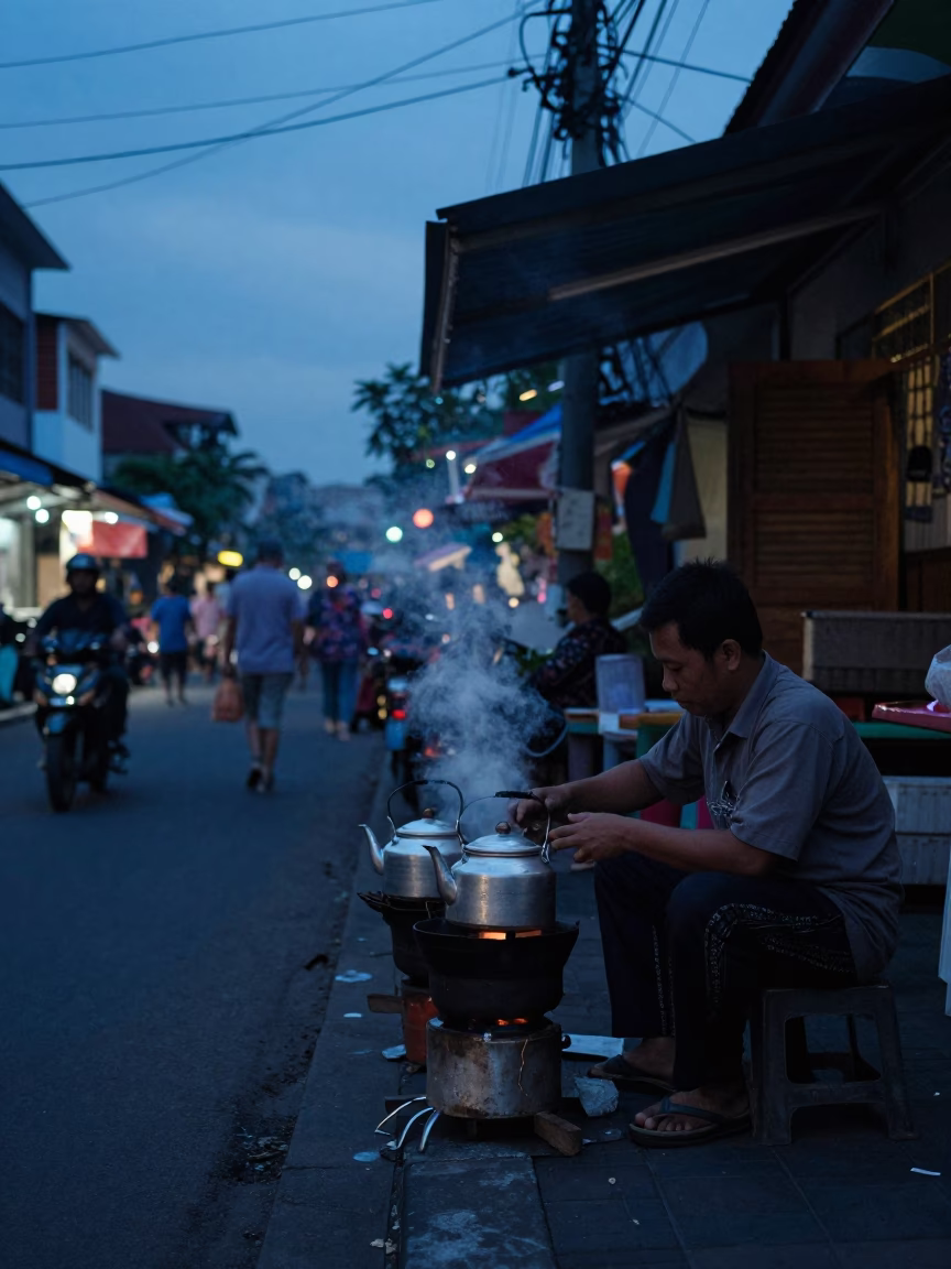 Yogyakarta Indonesia indigo twilight street scene with tea kettles and local life in in Yogyakarta, Indonesia