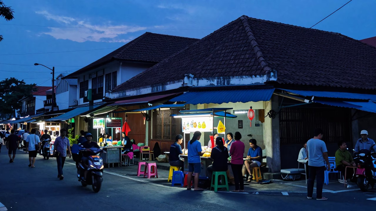 Yogyakarta Indonesia indigo twilight street scene with vintage 1980s aesthetic and candid local life in in Yogyakarta, Indonesia