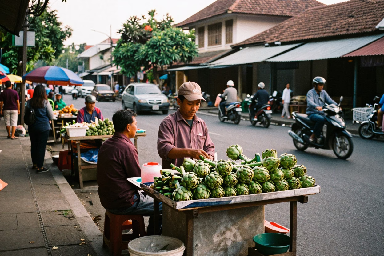 Yogyakarta Indonesia Late Afternoon Street Scene with Artichokes and Local Market Activity in in Yogyakarta, Indonesia