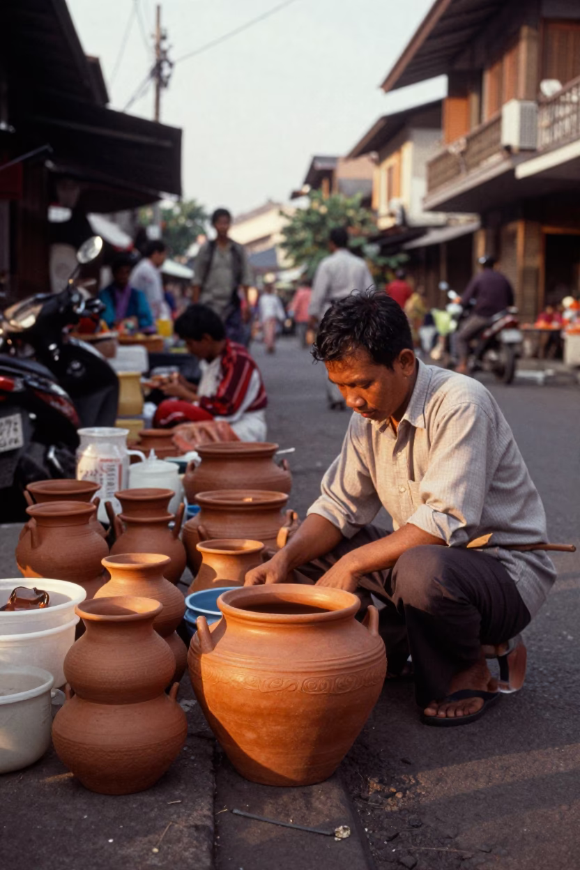Yogyakarta Indonesia Late Afternoon Street Scene with Clay Pot and Twine in in Yogyakarta, Indonesia