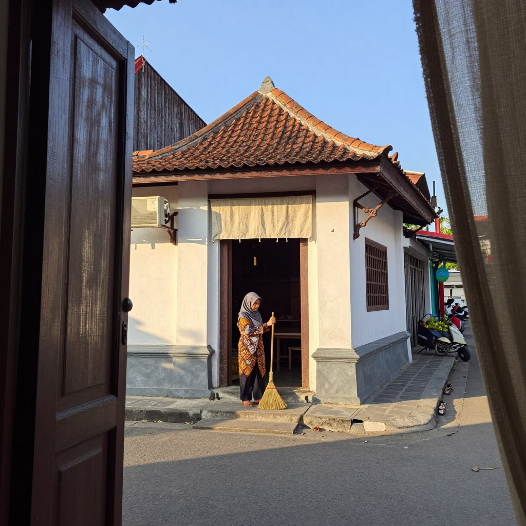Yogyakarta Indonesia Late Afternoon Street Scene with Linen Fringe Doorframe and Local Activity in in Yogyakarta, Indonesia