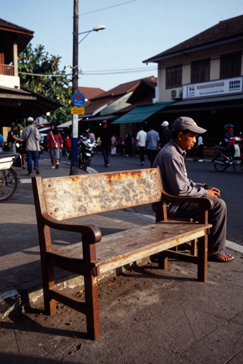 Yogyakarta Indonesia Late Afternoon Street Scene with Rusty Bench and Local Interaction in in Yogyakarta, Indonesia