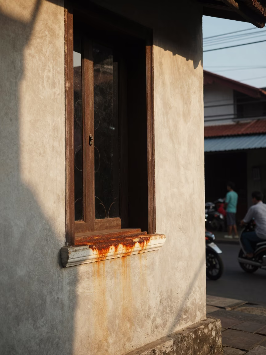 Yogyakarta Indonesia Late Afternoon Street Scene with Rusty Window Sill and Local Life in in Yogyakarta, Indonesia