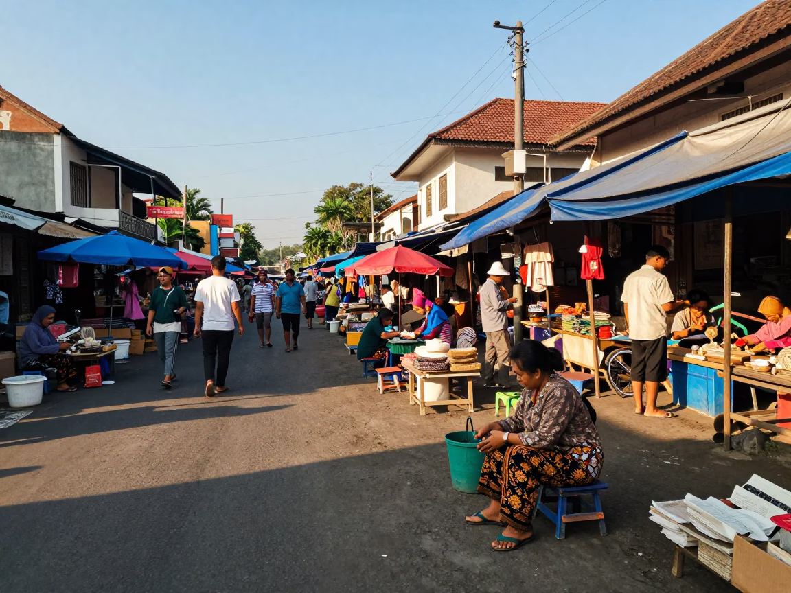 Yogyakarta Indonesia Late Afternoon Street Scene with Traditional Market Activity in in Yogyakarta, Indonesia