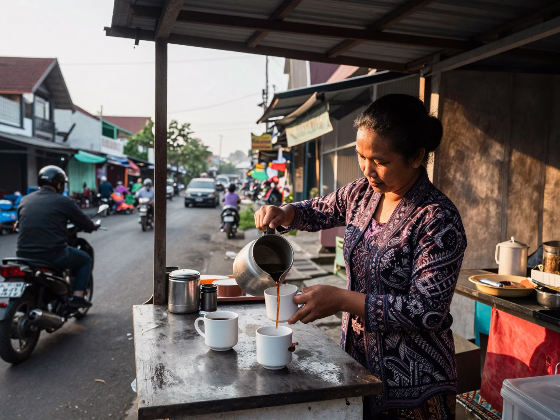 Yogyakarta Indonesia Late Morning Street Scene with Coffee Mugs and Local Life in in Yogyakarta, Indonesia