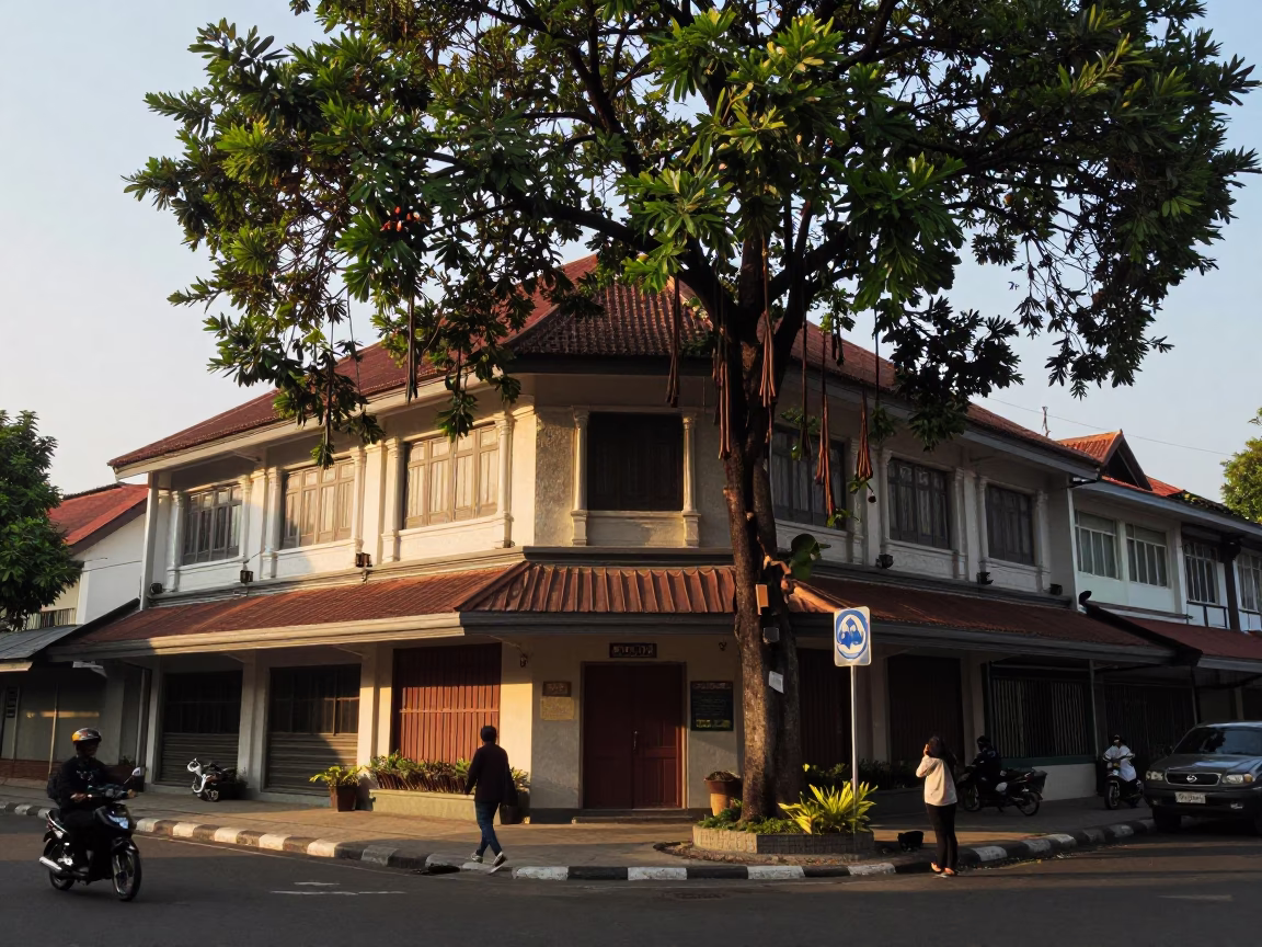 Yogyakarta Indonesia Late Morning Street Scene with Tamarind Tree and Traditional Architecture in in Yogyakarta, Indonesia