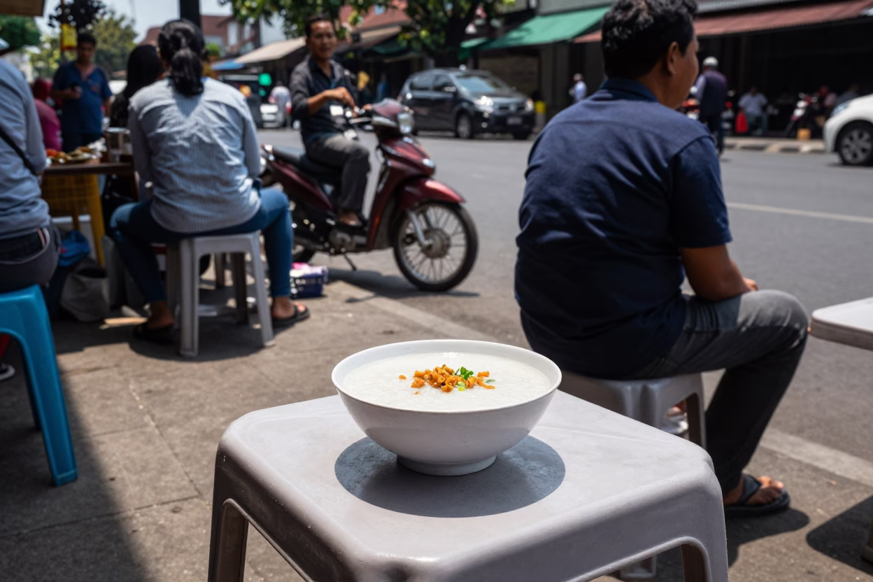 Yogyakarta Indonesia Midday Street Scene with Traditional Food Bowl and Teapot in in Yogyakarta, Indonesia