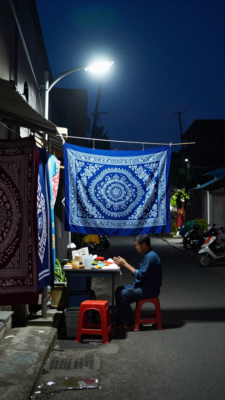 Yogyakarta Indonesia midnight street scene with hanging batik fabric and wooden flute in in Yogyakarta, Indonesia