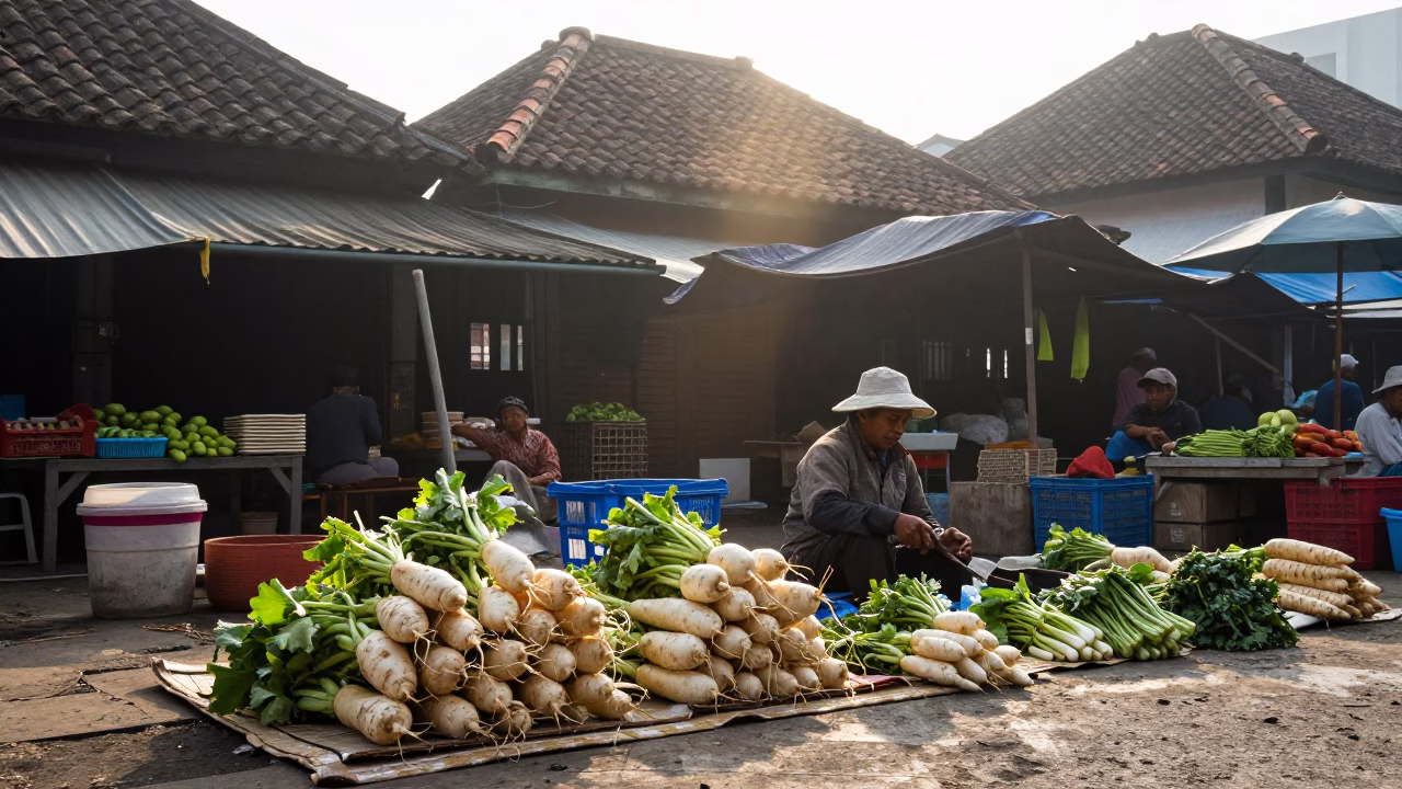 Yogyakarta Indonesia Morning Market Scene with Turnips and Trowel Near Sunrise in in Yogyakarta, Indonesia