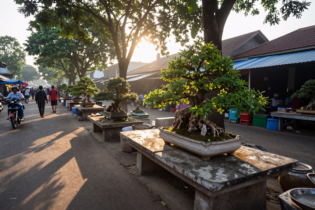 Yogyakarta Indonesia Morning Market Stone Slab Bonsai Forest Sunrise Scene in in Yogyakarta, Indonesia