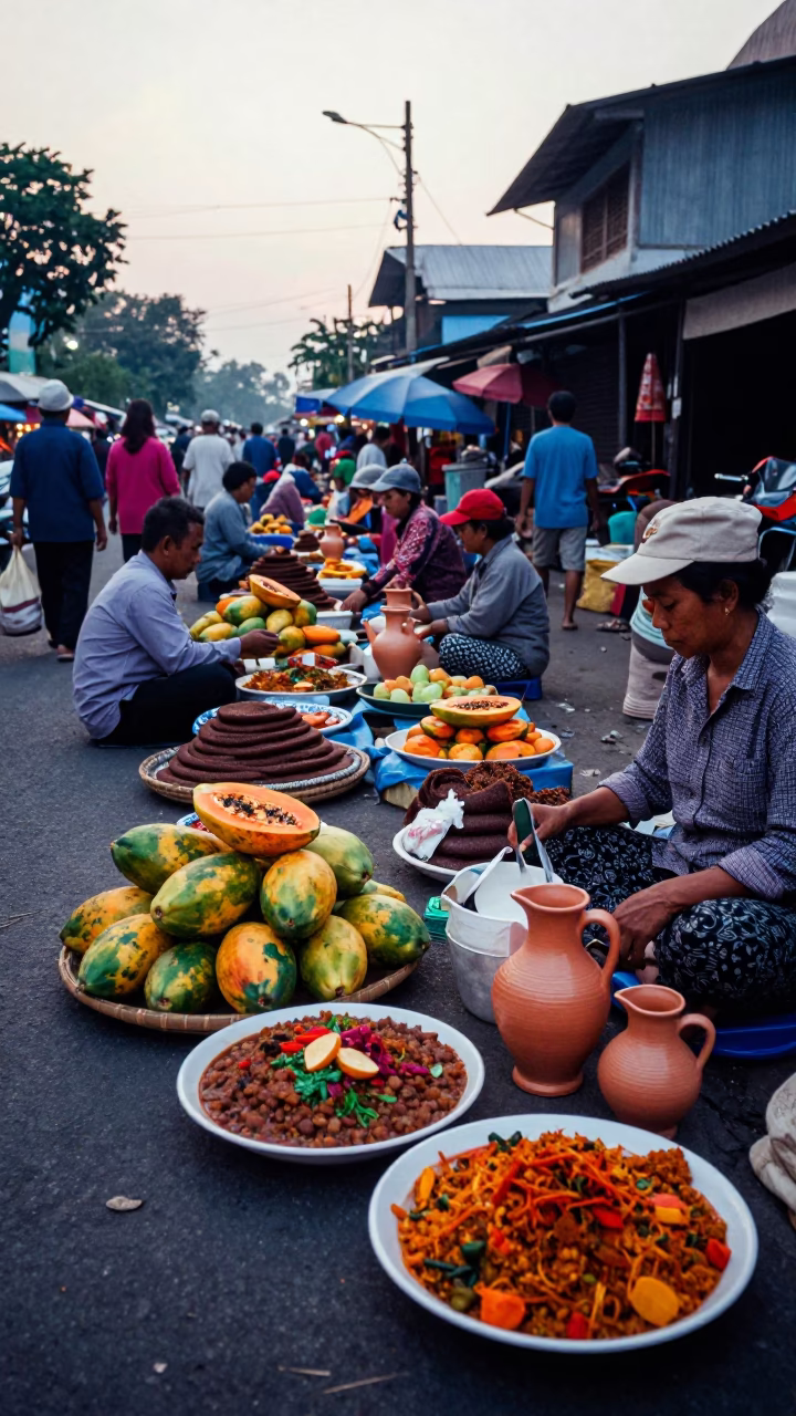 Yogyakarta Indonesia Morning Street Market Scene with Papayas and Ceramic Pitcher in in Yogyakarta, Indonesia