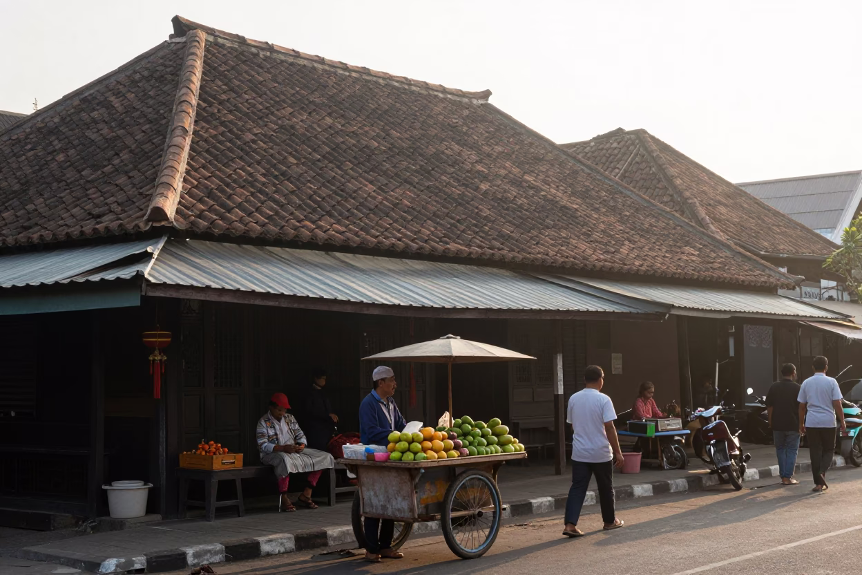 Yogyakarta Indonesia Morning Street Scene with Local Vendor and Traditional Elements in in Yogyakarta, Indonesia