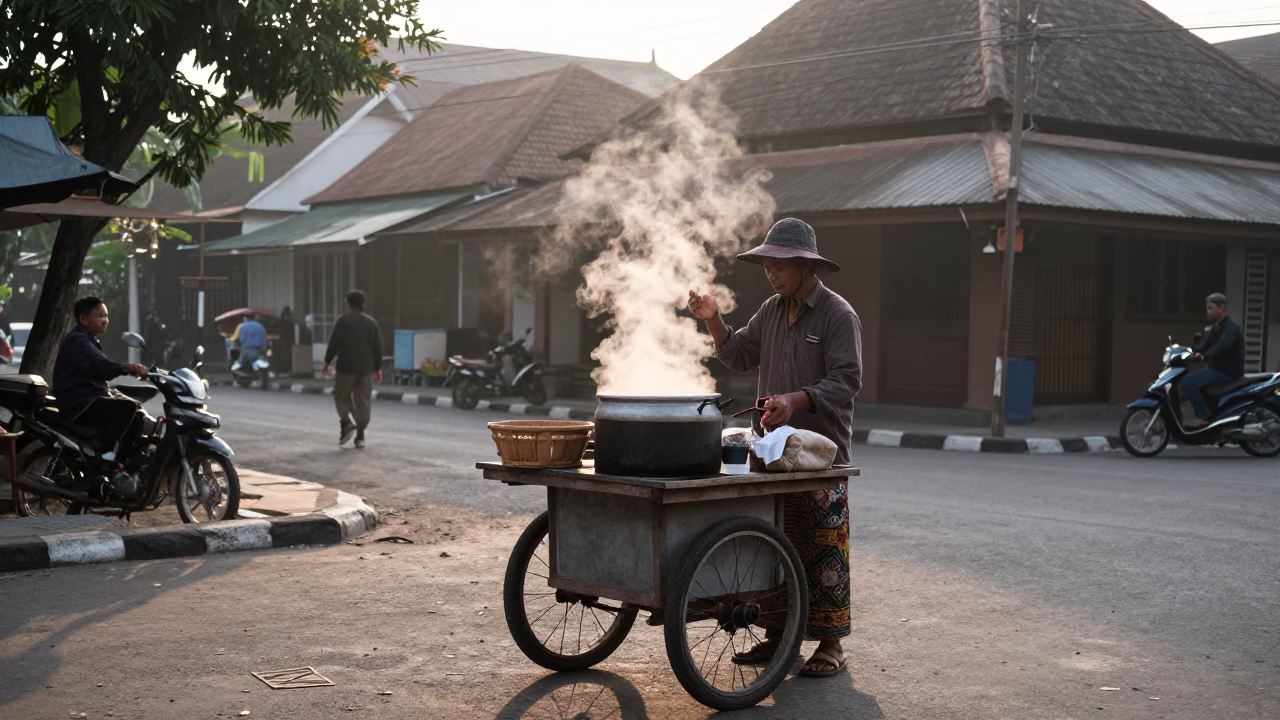 Yogyakarta Indonesia Morning Street Scene with Local Vendor and Traditional Javanese Architecture in in Yogyakarta, Indonesia