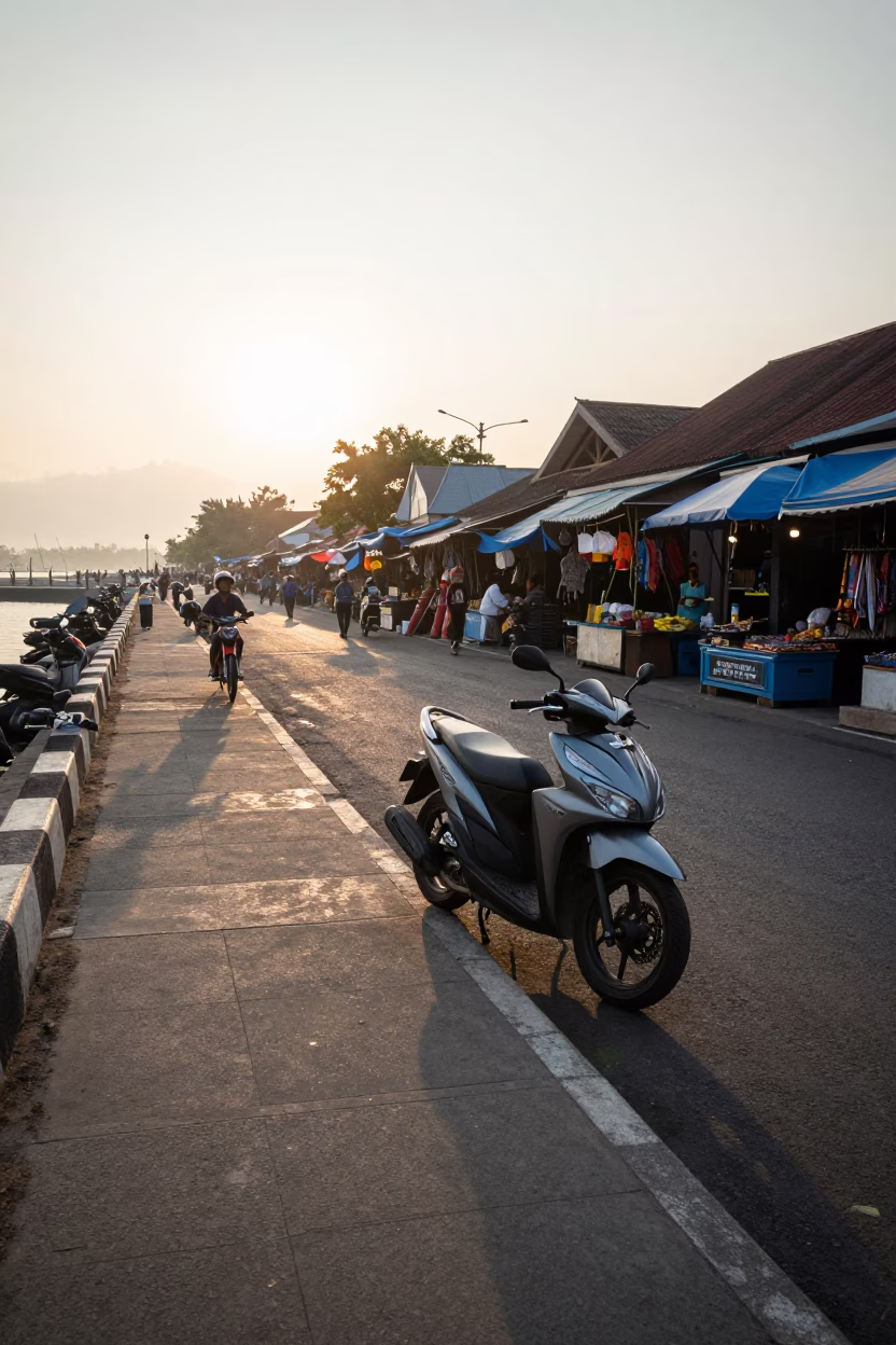 Yogyakarta Indonesia Morning Street Scene with Scooter and Local Market Activity in in Yogyakarta, Indonesia