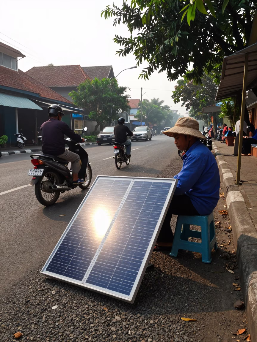 Yogyakarta Indonesia Morning Street Scene with Step Stool and Solar Array Glinting in in Yogyakarta, Indonesia