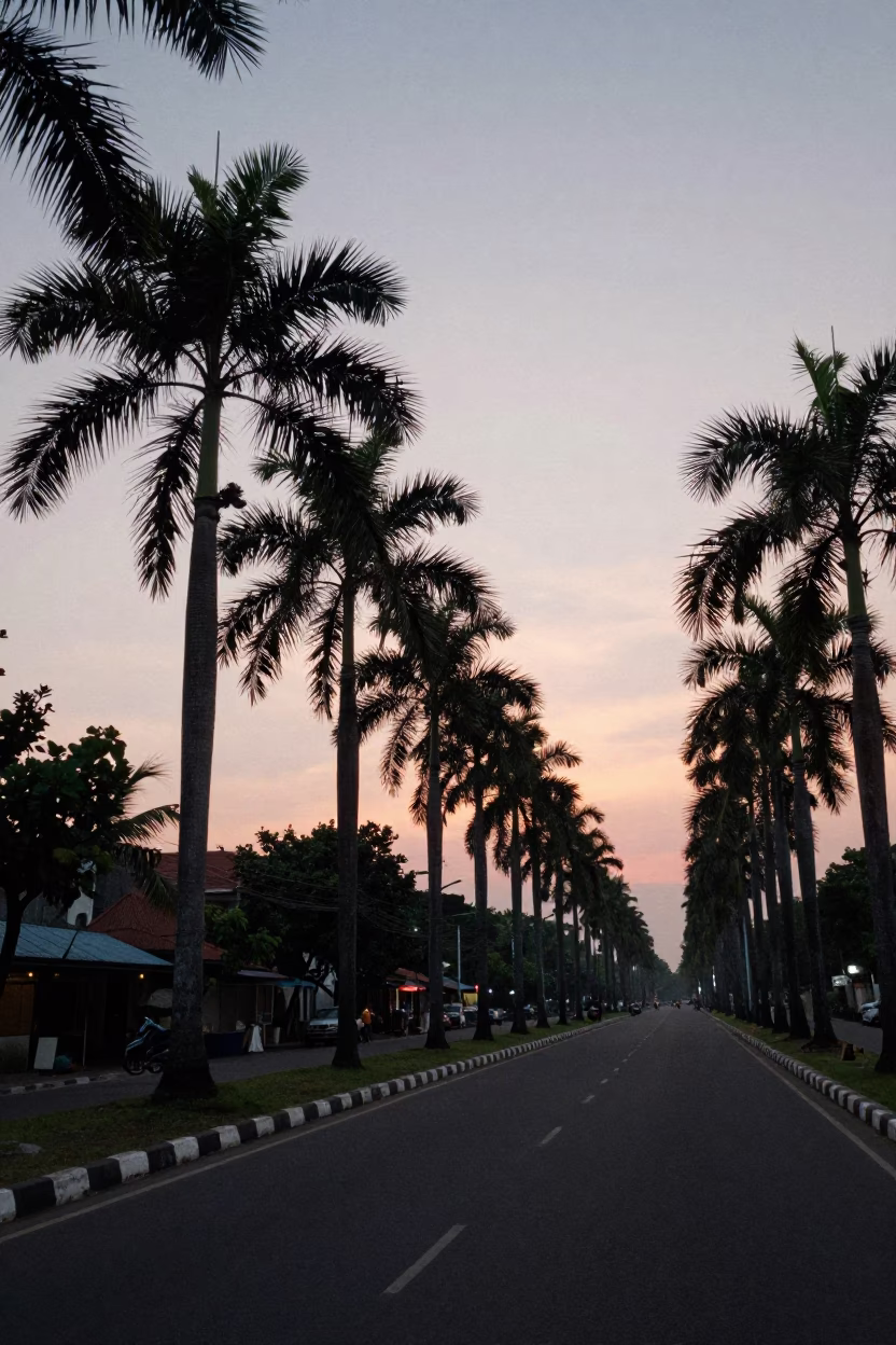 Yogyakarta Indonesia Nautical Dawn Palm Avenue Street Scene in in Yogyakarta, Indonesia