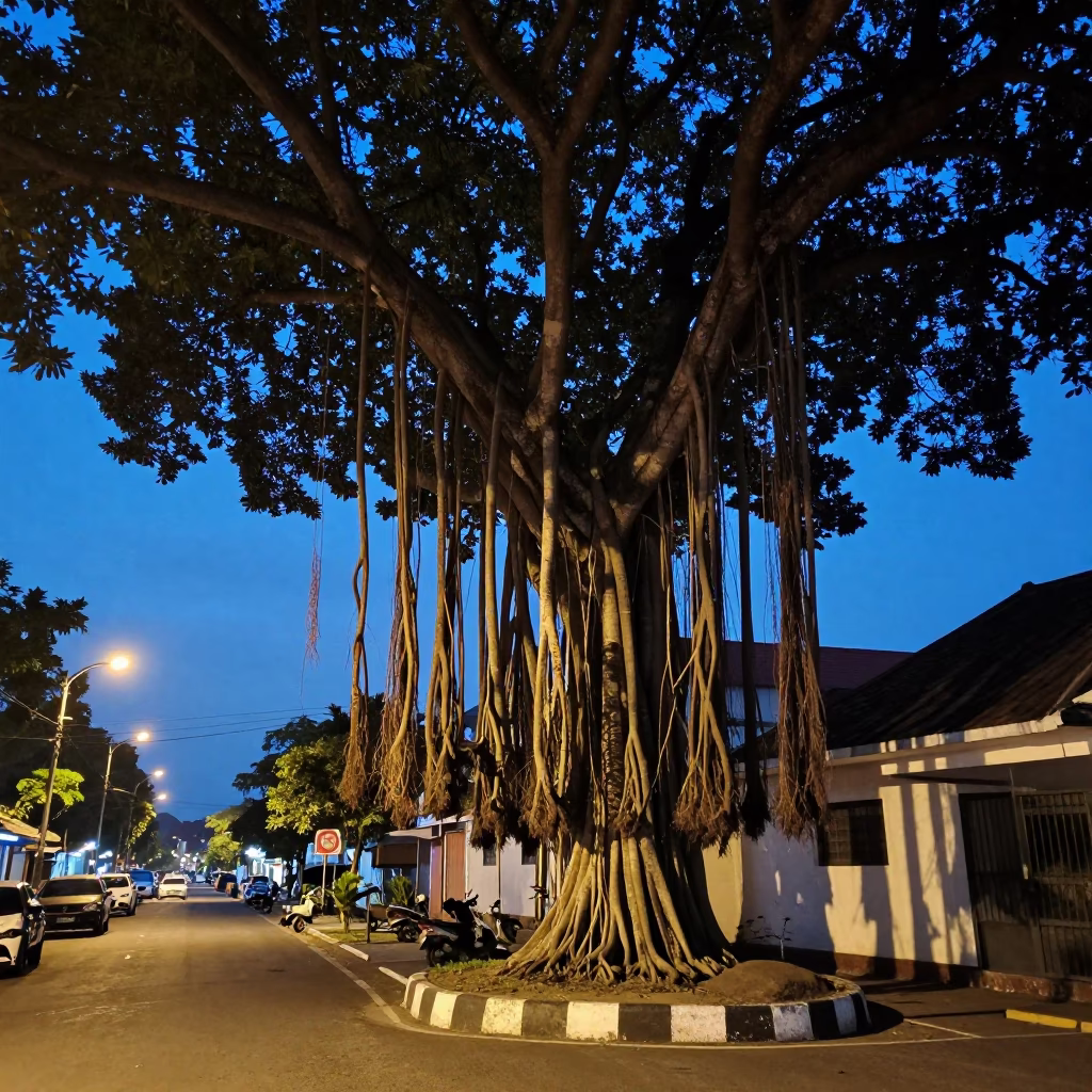 Yogyakarta Indonesia Nautical Dawn Street Scene with Banyan Tree and Local Market Activity in in Yogyakarta, Indonesia