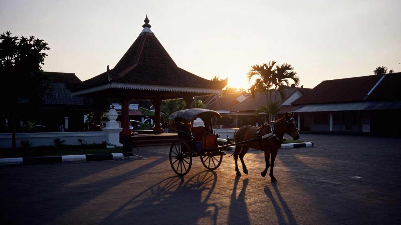 Yogyakarta Indonesia Nautical Dawn Street Scene with Horse Cart and Observatory in in Yogyakarta, Indonesia