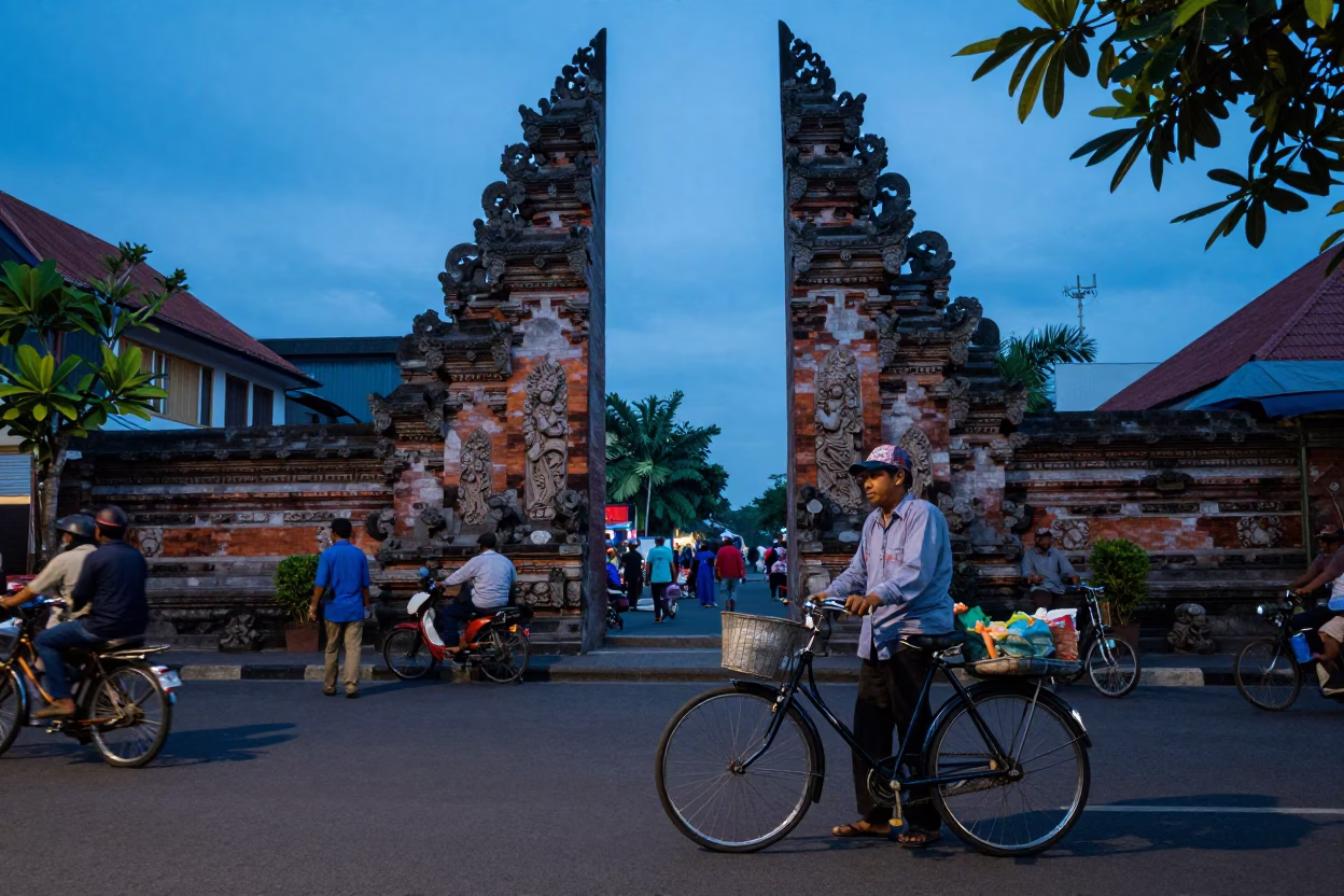 Yogyakarta Indonesia Nautical Dawn Street Scene with Local Vendor and Vintage Bicycle in in Yogyakarta, Indonesia