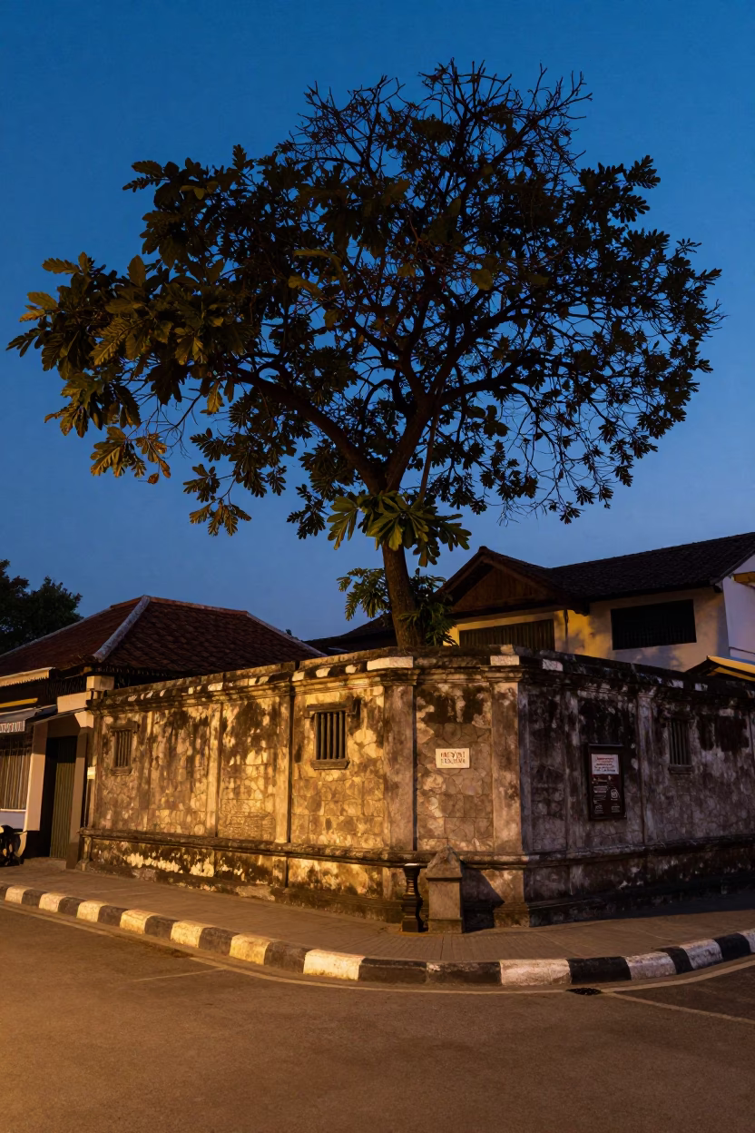 Yogyakarta Indonesia Nautical Dawn Street Scene with Tamarind Tree and Glass Vase in in Yogyakarta, Indonesia