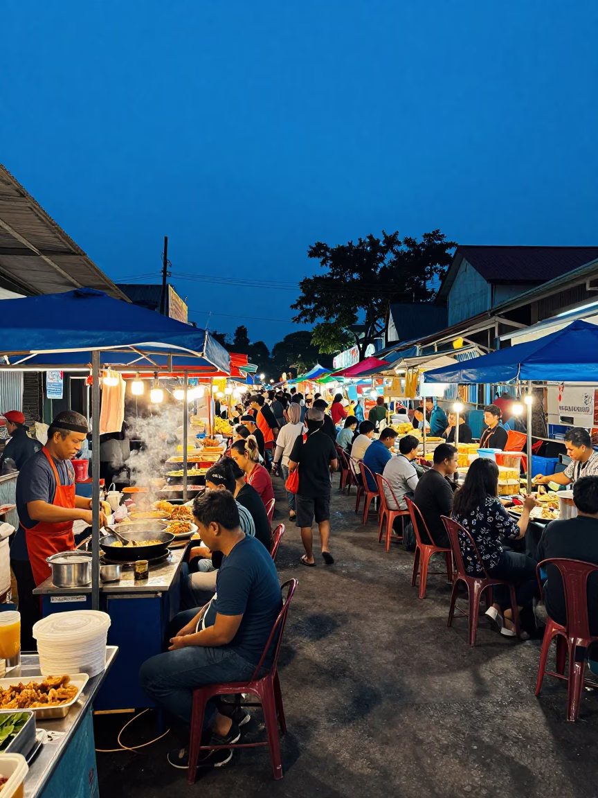 Yogyakarta Indonesia Night Market Food Court Evening Blue Light Street Scene in in Yogyakarta, Indonesia
