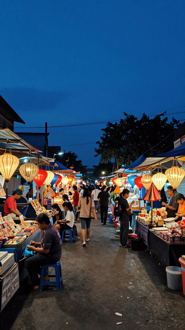 Yogyakarta Indonesia Night Market Street Scene Indigo Twilight Lanterns in in Yogyakarta, Indonesia