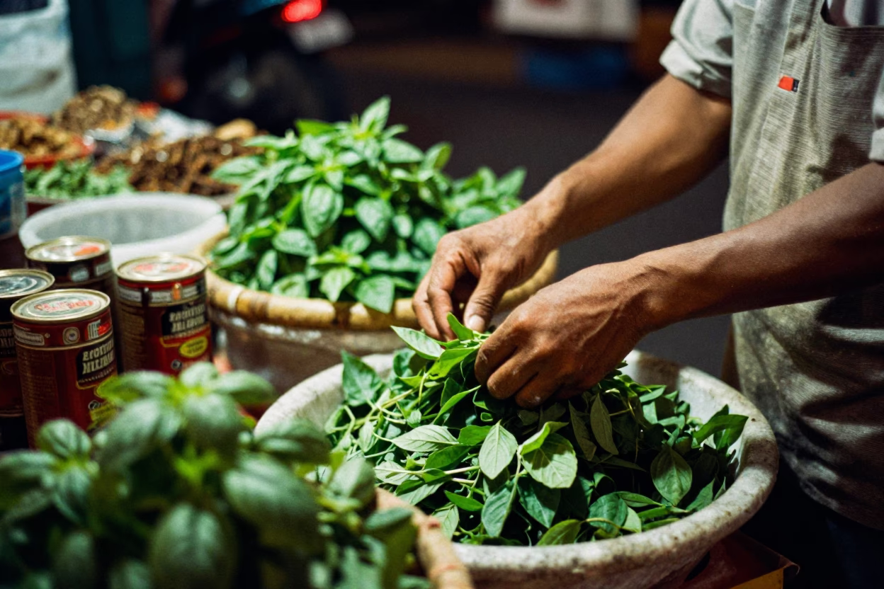 Yogyakarta Indonesia Night Street Scene with Vintage Spices and Basil Leaves in in Yogyakarta, Indonesia