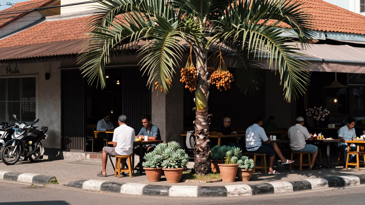 Yogyakarta Indonesia Noon Street Scene with Date Palm and Succulent Cafe Wall in in Yogyakarta, Indonesia