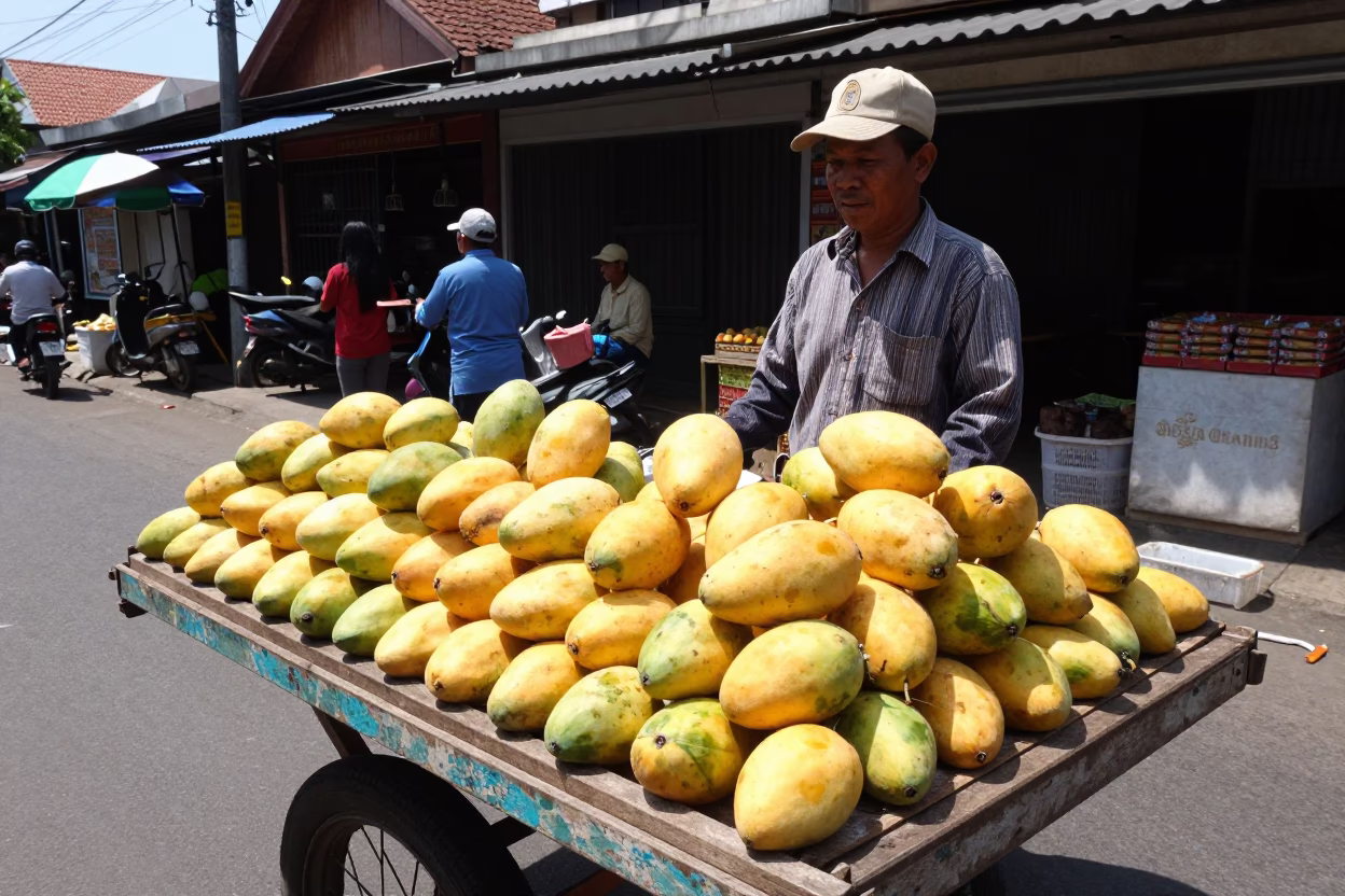 Yogyakarta Indonesia Noon Street Scene with Fresh Mangoes and Local Market Activity in in Yogyakarta, Indonesia