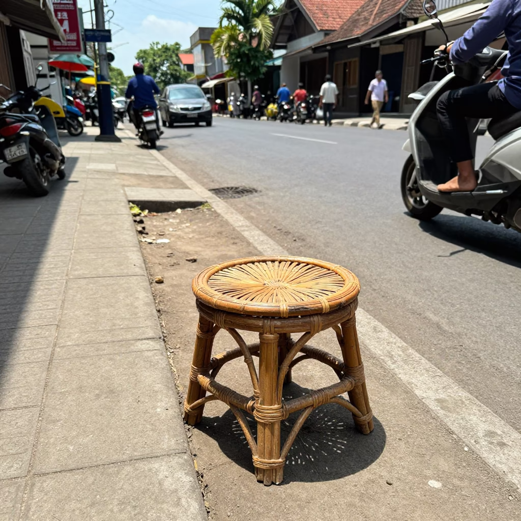 Yogyakarta Indonesia Noon Street Scene with Rattan Stool and Local Market Activity in in Yogyakarta, Indonesia
